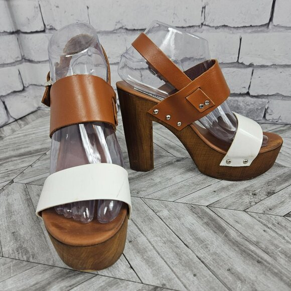 Steve Maddden Platform Sandals Womens 8 Leather Made in Italy Brown White - Picture 1 of 13